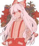  1girl bamboo bangs bow bright_pupils collared_shirt commentary flower fujiwara_no_mokou grey_bow grey_shirt hair_between_eyes hair_bow head_tilt highres long_hair looking_at_viewer multicolored_bow ofuda ofuda_on_clothes pants rbfnrbf_(mandarin) red_bow red_eyes red_flower red_pants shirt sidelocks smile solo suspenders torn_clothes torn_sleeves touhou white_hair white_pupils 