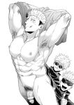  2boys abs armpit_hair armpits bar_censor blindfold blush censored closed_mouth completely_nude covered_eyes facial_mark flaccid gojou_satoru greyscale high_collar itadori_yuuji jacket jujutsu_kaisen looking_at_another looking_at_viewer male_focus male_pubic_hair monochrome multiple_boys navel nipples nude open_mouth penis pubic_hair round_eyewear scar scar_on_face scar_on_mouth shirt shirt_removed short_hair smile spiked_hair sunglasses thumbs_up twitter_username undercut undressing 