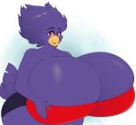  absurd_res anthro avian beak big_breasts bird blue_body blue_hair blush bottomwear breasts brown_eyes busty_bird cleavage clothed clothing corvid corvus_(genus) crow eikasianspire female hair hand_on_breast hi_res huge_breasts hyper hyper_breasts looking_at_viewer non-mammal_breasts open_beak open_mouth oscine passerine solo thick_thighs topwear wide_hips 