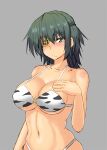  1girl animal_print bikini blush breasts cleavage closed_mouth collarbone cow_print dark_green_hair eyebrows_visible_through_hair eyepatch frown green_eyes grey_background hair_between_eyes hand_on_own_chest highres kantai_collection kiso_(kancolle) large_breasts looking_at_viewer navel nokishita_kumoemon o-ring o-ring_bikini short_hair solo string_bikini swimsuit upper_body white_bikini 