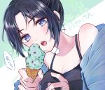  1girl apex_legends bangs black_hair blue_eyes blue_sweater blush breasts character_name cleavage collarbone food hair_behind_ear highres ice_cream looking_at_viewer mint_chocolate_chip off_shoulder open_mouth parted_bangs pointing solo speech_bubble sweater wano_(azayakam) wraith_(apex_legends) 