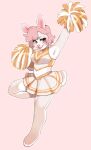  2018 anthro barefoot biped bottomwear breasts brown_eyes cheerleader cheerleader_outfit clothing digital_media_(artwork) eyelashes feet female hair hi_res hindpaw jush lagomorph leporid mammal navel on_one_leg open_mouth paws pink_background pink_hair pink_nose pom_poms pose rabbit raised_arm shaded simple_background skirt solo standing topwear 