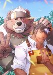  2022 anthro belly big_belly brown_body brown_fur clothing duo eyes_closed fur goro_(live-a-hero) hi_res human humanoid_hands kemono lifewonders live-a-hero male mammal outside overweight overweight_male sabita_kan shirt topwear ursid video_games 