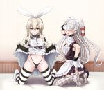  2girls absurdres alternate_costume amatsukaze_(kancolle) apron ass black_panties blonde_hair breasts clothes_lift covering_eyes dress dress_lift enmaided gloves grey_eyes grey_hair hair_tubes hairband highleg highleg_panties highres kantai_collection lifted_by_self long_hair maid maid_apron maid_headdress multiple_girls navel panties shimakaze_(kancolle) short_dress short_sleeves small_breasts striped striped_legwear thighhighs thong tk8d32 two_side_up underwear waist_apron white_apron white_gloves white_hairband white_panties 
