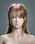  1girl 3d absurdres bangs bare_shoulders brown_eyes brown_hair choker closed_mouth collarbone commentary dead_or_alive gradient grey_background highres hxwxrf kasumi_(doa) lips long_hair simple_background solo 