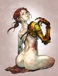  1girl amputee ass blood elden_ring highres looking_at_viewer mechanical_arms millicent_(elden_ring) muuten nude ponytail prosthesis prosthetic_arm red_hair scar short_ponytail single_mechanical_arm solo white_background yellow_eyes 