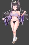  1girl absurdres animal_ears bangs bare_legs bare_shoulders bat_ears bat_wings bikini black_panties blush bra breasts brown_hair cleavage commission detached_sleeves fraternal_myotis_(kemono_friends) grey_background hair_ornament highres kemono_friends kemono_friends_3 large_breasts long_hair looking_at_viewer nanoder navel neck_warmer outline panties purple_bra purple_sleeves red_eyes sandals side-tie_panties smile socks solo swimsuit thong thong_bikini underwear white_outline wings 