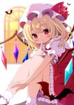  1girl absurdres bangs blonde_hair blurry blurry_background blush crystal eyebrows_visible_through_hair feet_out_of_frame finger_to_mouth flandre_scarlet frills g4ku hat hat_ribbon highres knees_up looking_at_viewer mob_cap one_side_up petticoat puffy_short_sleeves puffy_sleeves red_eyes red_ribbon red_skirt red_vest ribbon shirt short_sleeves shushing sitting skirt skirt_set smile socks solo thighs touhou vest white_headwear white_legwear white_shirt wings 