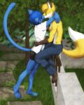  anthro blonde_hair blue_body blue_fur blue_hair canid canine clothed clothing duo felid feline fox fur hair hi_res kissing male male/male mammal outside park partially_clothed public ryotsuke white_body white_fur yellow_body yellow_fur 