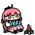  1girl :&gt; ahoge animated animated_gif bell black_headwear blanket blush_stickers book campfire camping_chair chibi commentary detached_sleeves english_commentary fuwafuwa_35 green_eyes holding holding_book hololive looping_animation neck_bell non-web_source o_o official_alternate_costume open_book pink_hair reading red_skirt sakura_miko shirt sitting skirt sleeveless sleeveless_shirt solo transparent_background virtual_youtuber white_shirt yurucamp 