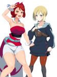  alternate_costume arezu_(pokemon) arezu_(pokemon)_(cosplay) bare_legs blonde_hair blue_eyes blue_hoodie blush breasts collon cosplay costume_switch diamond_clan_outfit galaxy_expedition_team_survey_corps_uniform gradient gradient_legwear highres hood hoodie irida_(pokemon) irida_(pokemon)_(cosplay) legwear_under_shorts pantyhose pearl_clan_outfit pokemon pokemon_(game) pokemon_legends:_arceus red_eyes red_hair short_hair shorts strapless two-tone_legwear user_fhyv4575 white_shorts 