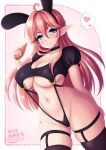  1girl black_legwear black_leotard blue_eyes blush breasts cleavage elf english_commentary heart highres leotard looking_at_viewer navel otaku_no_tonari_wa_elf_desu_ka? parted_lips pink_hair pointy_ears puffy_short_sleeves puffy_sleeves revealing_clothes sevie short_sleeves skindentation smile solo speech_bubble spoken_heart surtr_(otaku_no_tonari_wa_elf_desu_ka?) thigh_strap thighhighs underboob 