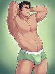  1boy arms_behind_head avatar_(series) bara black_hair bolin briefs closed_mouth green_eyes green_male_underwear highres large_pectorals male_focus male_underwear muscular muscular_male nipples one_eye_closed pectorals short_hair smile solo the_legend_of_korra thick_eyebrows thick_thighs thighs twitter_username underwear vit_(vitamin_bara) 