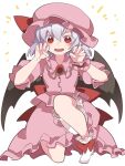  1girl bat_wings blush brooch claw_pose dress fang hammer_(sunset_beach) hat highres jewelry looking_at_viewer mob_cap open_mouth pink_dress puffy_short_sleeves puffy_sleeves red_eyes remilia_scarlet short_hair short_sleeves skirt skirt_set socks solo touhou wings wrist_cuffs 