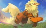  arcanine closed_mouth cloud commentary_request day falling_leaves fangs fangs_out from_below grass leaf looking_up no_humans okano_dei outdoors pokemon pokemon_(creature) sky smile solo 