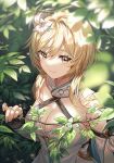  1girl bangs bare_shoulders blonde_hair breasts cleavage closed_mouth flower genshin_impact hair_flower hair_ornament large_breasts leaf looking_at_viewer lumine_(genshin_impact) medium_hair outdoors silence_girl smile solo upper_body vegetation yellow_eyes 