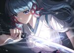  1girl bangs blue_hair blunt_bangs closed_mouth eyebrows_visible_through_hair floating_hair genshin_impact glint hair_ribbon hand_up holding holding_sword holding_weapon japanese_clothes kamisato_ayaka kimono long_hair looking_at_viewer mole mole_under_eye ponytail purple_eyes red_ribbon ribbon short_sleeves silence_girl solo sword upper_body weapon white_kimono 