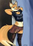  anthro bottomwear canid canine clothing collar crop_top fishnet fluffy fluffy_tail fox hi_res island_fox legwear male mammal pose punk shirt skirt slutty_clothing smile solo spiked_collar spikes standing stockings topwear trashcamell trench_(trenchfox) urocyon 