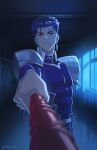  1boy armor bangs blue_bodysuit blue_hair bodysuit closed_mouth cu_chulainn_(fate) cu_chulainn_(fate/stay_night) dark earrings fate/stay_night fate_(series) gae_bolg_(fate) highres holding holding_polearm holding_weapon jewelry long_hair looking_at_viewer male_focus muscular muscular_male night nora_(nora_f96) polearm ponytail red_eyes school_hall short_hair shoulder_armor skin_tight solo solo_focus spiked_hair twitter_username weapon 