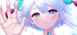  1girl air_bubble bangs blue_eyes blurry blurry_foreground bubble face green_eyes hand_up highres kohanayuki light_blue_hair light_blush looking_at_viewer multicolored_eyes original parted_lips purple_eyes short_hair solo tassel twitter_username 