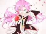  1girl black_jacket blue_eyes harakiy highres holding holding_sword holding_weapon jacket long_hair long_sleeves looking_at_viewer ootori_gakuen_school_uniform petals pink_hair rapier rose_petals school_uniform shoujo_kakumei_utena solo sword tenjou_utena upper_body weapon white_background 