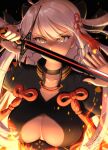  bangs black_choker breasts choker clothing_cutout covered_mouth fate/grand_order fate_(series) flower_knot hair_ornament hands_up highres holding holding_sword holding_weapon kohanayuki large_breasts long_hair looking_at_viewer okita_souji_(fate) okita_souji_alter_(fate) signature sword tassel weapon white_hair yellow_eyes 