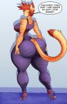  2022 absurd_res anthro big_butt breasts butt clothed clothing dialogue domestic_cat english_text felid feline felis female green_eyes hair hand_on_butt hi_res jaeh loree mammal orange_hair pink_nose solo text thick_thighs whiskers 