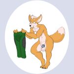  1:1 2021 anthro balls blush blush_lines bodily_fluids bottomwear canid canine chastity_cage chastity_device claws clothing cum cum_on_balls cum_on_clothing cum_stain ejaculation fox fox_mccloud fur genital_fluids genitals green_bottomwear green_clothing green_pants hi_res holding_bottomwear holding_clothing holding_object holding_pants inner_ear_fluff looking_down looking_worried male mammal nintendo nude pants pihlaja raised_tail solo stain stained_clothing star_fox tiptoes toe_claws tuft video_games 