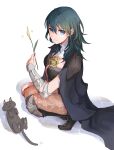  1girl :3 animal bangs black_footwear black_hair black_shorts blue_eyes boots brown_legwear byleth_(fire_emblem) byleth_(fire_emblem)_(female) cat cattail closed_mouth fire_emblem fire_emblem:_three_houses full_body hair_between_eyes holding knee_boots legwear_under_shorts long_hair pantyhose plant robaco short_shorts shorts simple_background smile solo squatting straight_hair white_background 