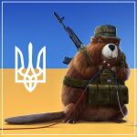  1:1 2022 ambiguous_gender assault_rifle beaver biped brown_body brown_fur buckteeth bulletproof_vest camo camo_clothing camo_print claws clothing coat_of_arms detailed detailed_fur digital_media_(artwork) feral finger_claws fingers flag_background fur gnawing gun hat headgear headwear hi_res holding_wire mammal military_cap multicolored_body multicolored_fur pattern_clothing ranged_weapon rifle rodent russo-ukranian_war shadow simple_background soldier solo teeth toe_claws two_tone_body two_tone_fur ukraine ukrainian_flag warrior weapon whiskers white_body white_fur wire xellmet yellow_eyes 
