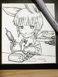 1other animal_ears bob_cut commentary_request container furry greyscale hatching_(texture) highres holding holding_syringe holding_tray horizontal_pupils inverted_bob linear_hatching liquid long_sleeves made_in_abyss mask mask_pull monochrome mouth_mask nanachi_(made_in_abyss) other_focus out_of_frame photo_(medium) puddle severed_arm severed_limb shikishi short_hair sideways_glance solo_focus spill stain surgical_mask syringe traditional_media tray tsumiki_yuu upper_body whiskers x 