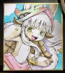  1other :3 animal_ears aqua_background artist_name brown_fur commentary_request cowboy_shot fake_horns fangs furry green_eyes green_pants grey_hair hands_up helmet highres horns looking_at_viewer made_in_abyss multicolored_pants nanachi_(made_in_abyss) open_mouth other_focus pants photo_(medium) red_pants shikishi short_hair_with_long_locks signature smile solo topless traditional_media tsumiki_yuu white_background 