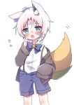  1boy ahoge animal_ear_fluff animal_ears bangs blue_bow blue_shorts blush bow braid commentary_request eyebrows_visible_through_hair flying_sweatdrops fox_boy fox_ears green_eyes grey_jacket hanasakichu highres hololive jacket looking_at_viewer open_clothes open_jacket open_mouth parted_bangs personification shirt shorts simple_background single_braid sleeves_past_wrists sukonbu_(shirakami_fubuki) virtual_youtuber white_background white_hair white_shirt 