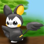  2017 ambiguous_gender black_body black_fur blurred_background emolga feral fur gesture j_i_chi looking_at_viewer looking_back looking_back_at_viewer membrane_(anatomy) nintendo outside plant pointing pok&eacute;mon pok&eacute;mon_(species) solo tree video_games 