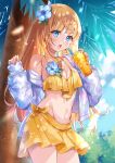  1girl blonde_hair blue_eyes breasts cleavage drink drinking_straw earrings fang flower fujishiro_kokoa hair_flower hair_ornament highres holding holding_drink hood hoodie jewelry lemon_print long_hair midriff nail_polish navel original palm_tree skin_fang skirt solo swimsuit tree 