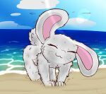  absurd_res all_fours anthro beach drying drying_fur eyes_closed female fur hi_res lagomorph lantha leporid mammal milachu92 pink_inner_ear rabbit sea seaside shaking smile solo water wet whiskers white_body white_fur 