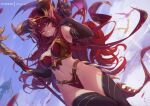  1girl alexstrasza bangs black_gloves black_legwear blush bra breasts claw_ring closed_mouth cowboy_shot dragon dragon_horns dutch_angle elbow_gloves floating_hair gloves holding holding_staff horns large_breasts long_hair looking_at_viewer midriff mitsu_(mitsu_art) navel panties pointy_ears red_bra red_hair red_panties smile solo staff thighhighs tiara underwear v-shaped_eyebrows vambraces very_long_hair warcraft yellow_eyes 