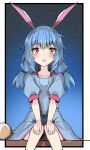  1girl animal_ears bangs blue_dress blue_hair dress eyebrows_visible_through_hair hands_on_own_knees highres kine looking_at_viewer low_twintails mallet medium_hair night night_sky nono54558 one-hour_drawing_challenge open_mouth outdoors outside_border rabbit_ears red_eyes seiran_(touhou) short_sleeves sitting sky solo star_(sky) starry_sky touhou twintails 