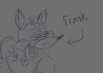  2022 animatronic anthro bow_tie canid canine digital_drawing_(artwork) digital_media_(artwork) english_text five_nights_at_freddy&#039;s fox freckles funtime_foxy_(fnafsl) greyscale head_tuft looking_at_another machine male mammal monochrome open_mouth open_smile robot scottgames sharp_teeth sister_location sketch skkortysoup smile solo teeth text tuft video_games 