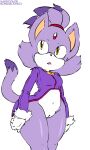  2014 amber_eyes anthro argento blaze_the_cat bottomless clothed clothing domestic_cat edit felid feline felis female genitals habbodude hair hi_res mammal multicolored_hair navel pussy sega solo sonic_the_hedgehog_(series) two_tone_hair wide_hips 