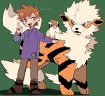  1boy arcanine bangs bird blue_oak boots bright_pupils brown_eyes brown_footwear brown_hair brown_pants commentary_request hand_up highres long_shirt long_sleeves male_focus momotose_(hzuu_xh4) pants pidgey pokemon pokemon_(creature) pokemon_(game) pokemon_rgby purple_shirt shirt short_hair spiked_hair standing translation_request white_pupils 