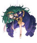  1girl anklet arms_behind_back bangs barefoot closed_mouth clothing_cutout dress fire_emblem fire_emblem:_three_houses floating_hair green_eyes green_hair jewelry long_hair pointy_ears purple_dress robaco shoulder_cutout smile solo sothis_(fire_emblem) very_long_hair white_background 