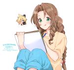  1girl aerith_gainsborough bangs blonde_hair blue_eyes blue_pants blush braid camera chibi cloud_strife curly_hair drawing final_fantasy final_fantasy_vii final_fantasy_vii_remake green_eyes hair_between_eyes hair_ornament hairpin holding holding_camera holding_sketchbook krudears long_hair long_sleeves one_eye_closed pants parted_bangs shirt sidelocks sketchbook sleeves_rolled_up spiked_hair tongue tongue_out upper_body white_background yellow_shirt 