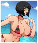  1girl absurdres beach bikini black_hair breasts choker english_commentary glasses guilty_gear highres huge_breasts i-no looking_at_viewer mole short_hair side-tie_bikini simmsy standing swimsuit wet 