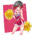  1girl alternate_costume bare_shoulders black_hair breasts cheerleader cleavage clothes_writing commentary_request confetti contrapposto cropped_legs dress english_text glitter gradient_hair grey_eyes highres holding holding_pom_poms iesupa legs medium_breasts multicolored_hair one_eye_closed pom_pom_(cheerleading) red_hair ruby_rose rwby short_dress short_hair sleeveless smile solo standing thighs two-tone_hair 