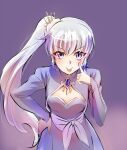  1girl :p akanbe bangs blue_dress blue_eyes brooch commentary dress earrings eyebrows_visible_through_hair finger_to_eye hair_ornament hand_on_hip highres iesupa jewelry long_hair ponytail rwby sash scar scar_across_eye side_ponytail solo tiara tongue tongue_out v-shaped_eyebrows weiss_schnee white_hair 