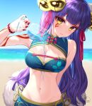  1girl absurdres arm_behind_back artist_name bangs beach bead_bracelet beads bell blurry blurry_background bracelet cup daji_(monster_strike) day eyeshadow facial_mark hair_bell hair_ornament hair_ribbon hand_up highres holding holding_cup jewelry kohanayuki long_hair looking_at_viewer makeup monster_strike nail_polish navel parted_lips pink_ribbon pouring pouring_onto_self purple_hair red_nails ribbon signature solo upper_body yellow_eyes 