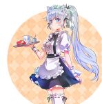  1girl alternate_costume animal_ears apron black_bow black_ribbon blue_eyes blush bow candy cat_ears chocolate coffee_mug commentary_request cup earrings enmaided eyebrows_visible_through_hair food frills hair_ornament heart heart-shaped_chocolate highres iesupa jewelry long_hair looking_at_viewer maid maid_apron maid_headdress mug ponytail print_mug ribbon rwby scar scar_across_eye scar_on_face solo thighhighs tiara tray v-shaped_eyebrows valentine weiss_schnee white_hair white_legwear wrist_cuffs zettai_ryouiki 