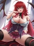  1girl bare_shoulders black_legwear breasts choker cleavage collar cyicheng demon_girl demon_wings finger_to_mouth green_eyes high_school_dxd large_breasts naughty_face navel open_mouth panties panty_peek red_hair rias_gremory see-through skirt solo spread_legs thick_thighs thighhighs thighs tongue tongue_out underwear wet wet_clothes wings 