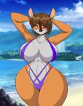  2022 amber_eyes anthro applebottom_family beach big_breasts bikini biped black_nose blush breasts brown_body brown_fur brown_hair cervid cervine clothed clothing elaine_applebottom female fur hair hands_behind_head hi_res hollandworks looking_at_viewer mammal mastergodai navel one_eye_closed outside pose seaside signature skimpy sling_bikini smile solo swimwear tan_body tan_fur thick_thighs water wide_hips 